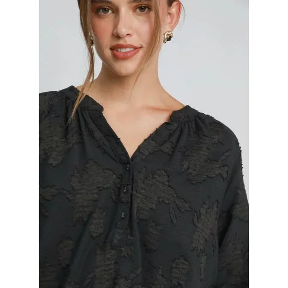 Umgee Solid Color Floral Burnout Top in Black Small - Picture 2 of 12